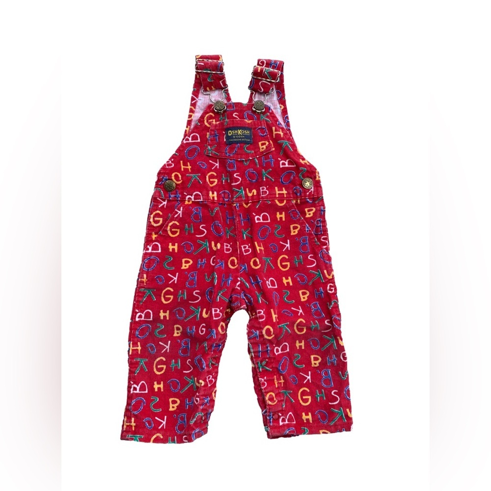 Vintage OshKosh Size 6-9 Months Red Corduroy Alphabet Letters Overalls USA Made